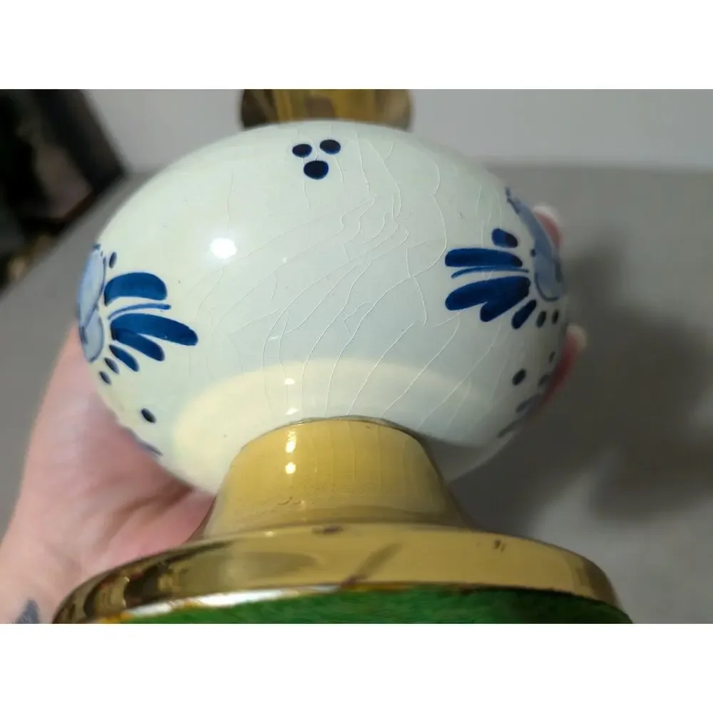 Vintage Blue Floral Delftware Brass Porcelain Pitcher Vase Holland Model # 2285